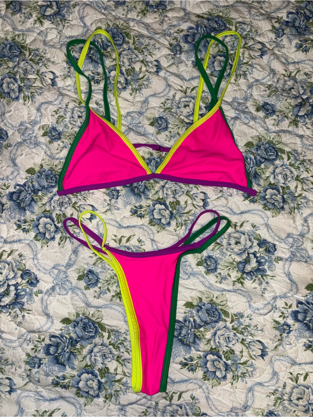 Neon Pink Bikini with Green and Yellow Trim
